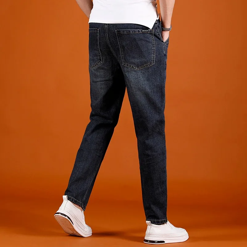 Summer Men Jeans Fashion Casual Dark Blue Regular Pencil Pants Cotton Solid Color Denim Trousers