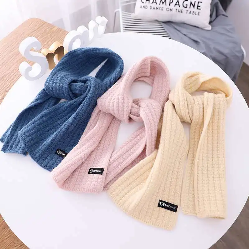 Korean Winter Baby Scarf Colorful Soft Knitting Wool Thermal Boys Girls Lovely Outdoor Warmer Scarf Kids Solid Labelled Scarf