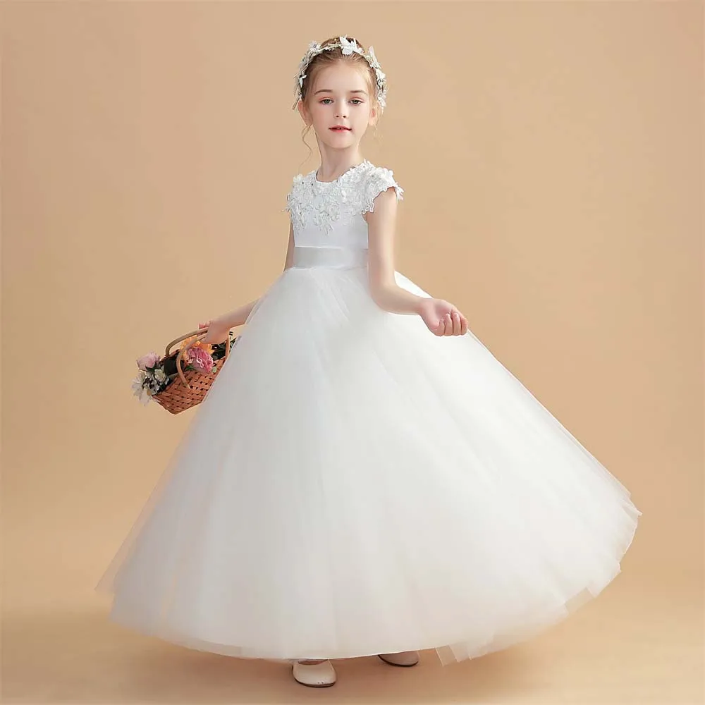 Бальное платье с цветочным принтом для девочек, атласное/Тюлевое платье с аппликацией из бисера, детское платье для первого причастия, платье для свадьбы, женское платье 2-14