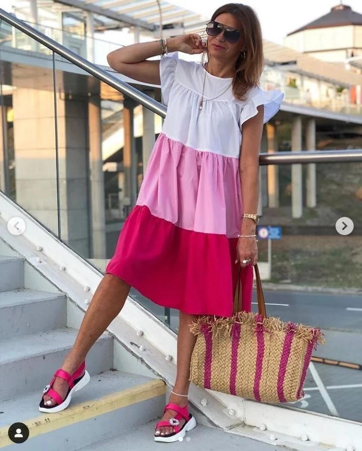 

Casual slim fashion sexy elegant 2023 new dress,Large three color mosaic dress casual round neck flying sleeves summer Bohemian