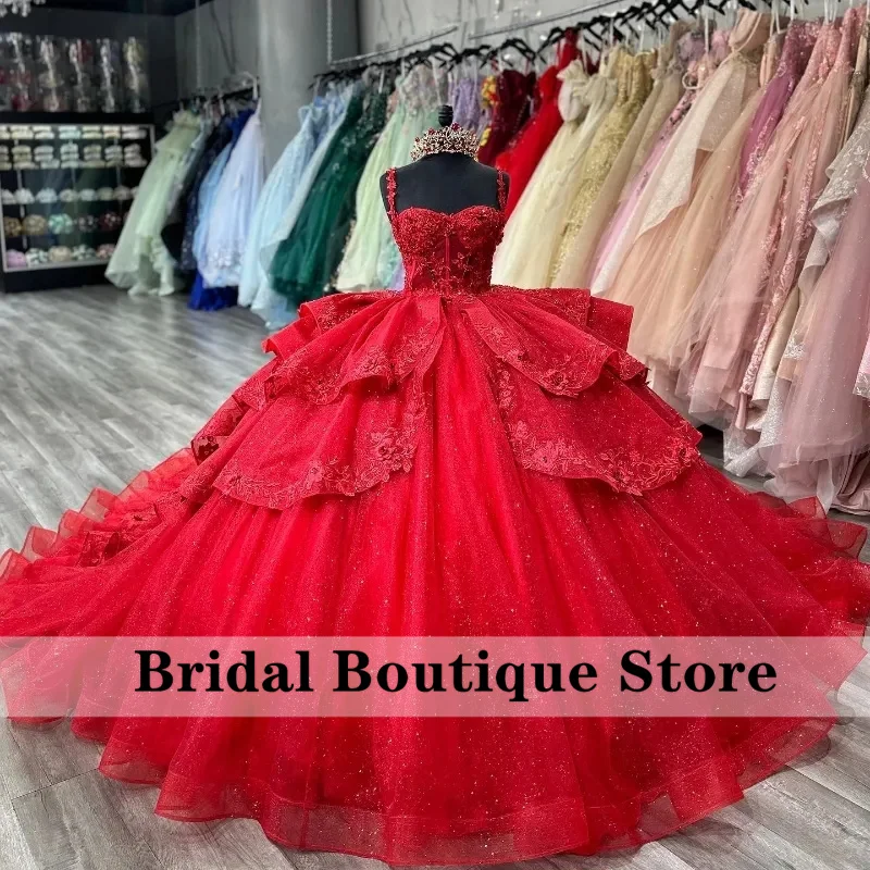 

New Design Red Quinceanera Dress Ball Gown Straps Lace Appliques Beading Pageant Sweet 15 Prom Party Puffy Train Custom-Made
