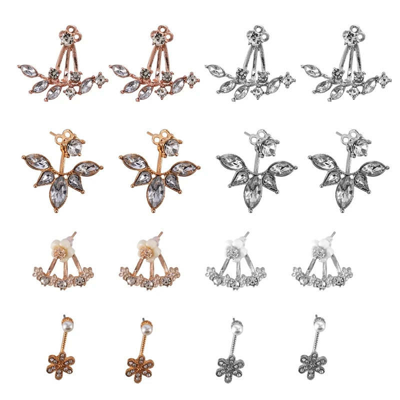 

8 Pairs Fashion Silver Leaf Flower Crystal Ear Jacket Front And Back Stud Earrings For Women Girls Set
