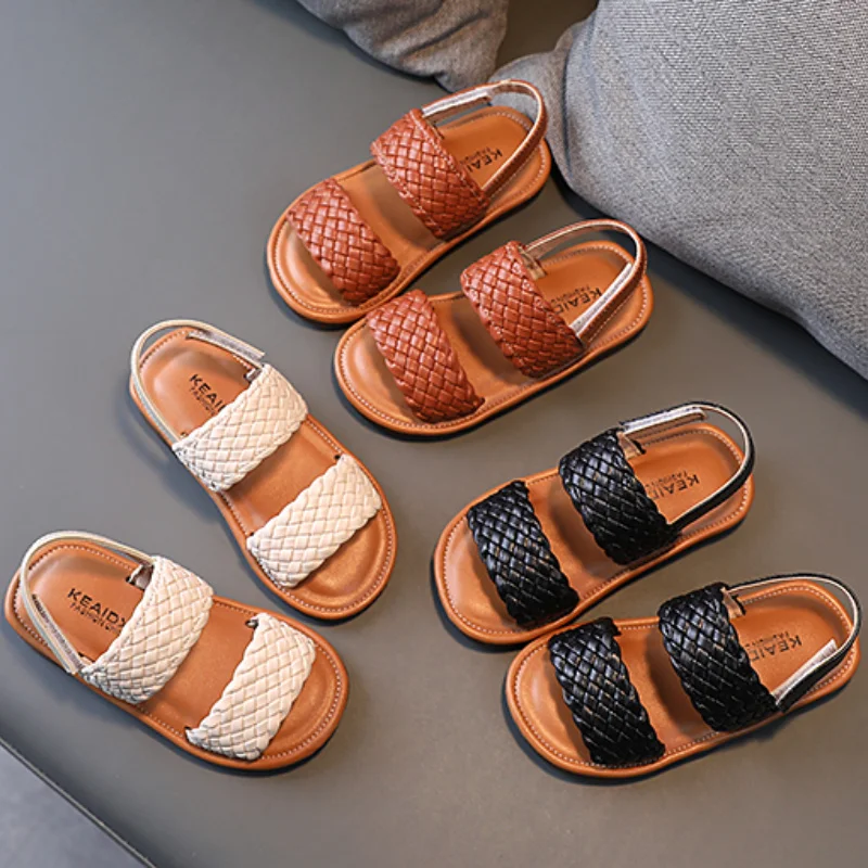 

Girl's Sandals Braided Open Toe Fashion Vacation Summer Children Flat Shoes Solid Color Comfy Outdoor Anti-slip Kids Sliders