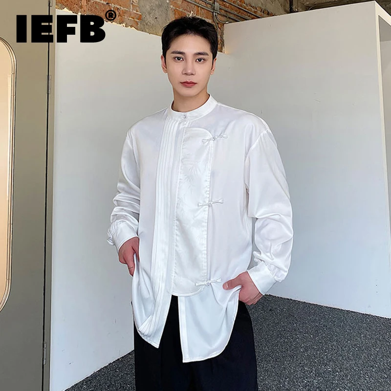 

IEFB Autumn New Chinese Style Caaual Shirts Men's Standing Collar Long Sleeve Shirts Satin Jacquard Splice Tops 2023 New 9C1763