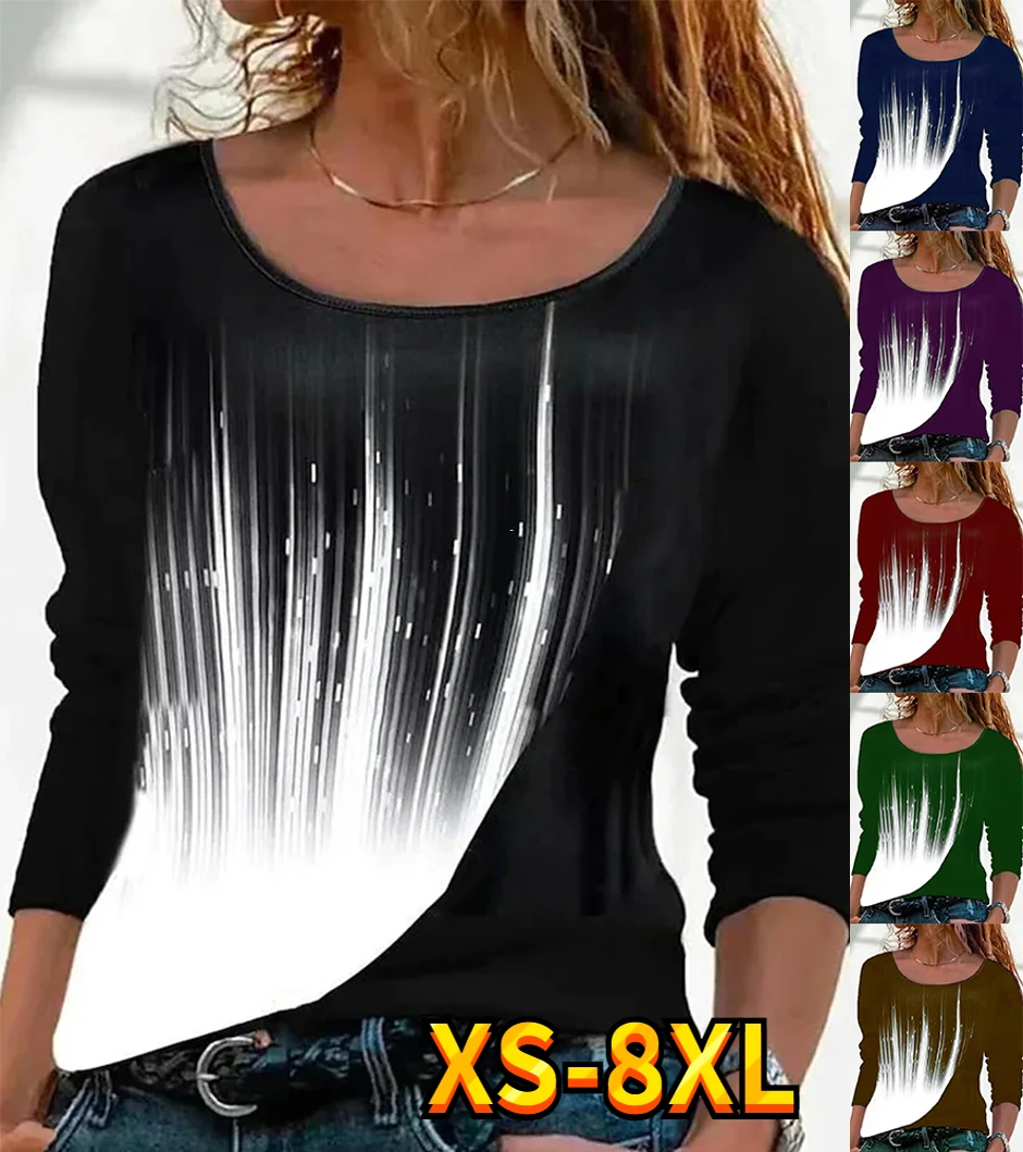 

Women's T shirt Tee Color Gradient Patterned Sparkly Weekend Painting Long Sleeve Print Round Neck Basic Essential XS-8XL