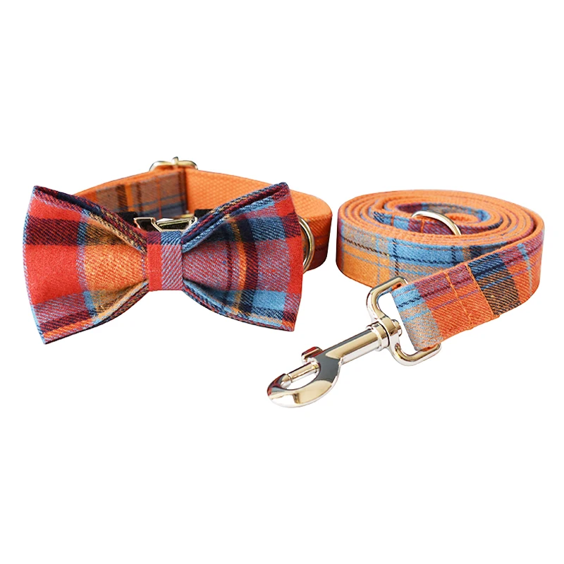 

High Quality Plaid Dog Collar Thicken Soft Padded Pet Collar with Leash Set Vintage Stylish Bow Tie Dog Collar Walking Lead