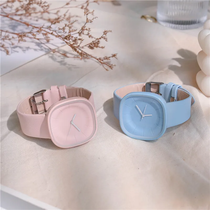 Enlarge Macaron Colors Minimalist Quartz Leather Girls Watches Simple Women Fashion Wristwatches Square Creative Summer Clock W9946