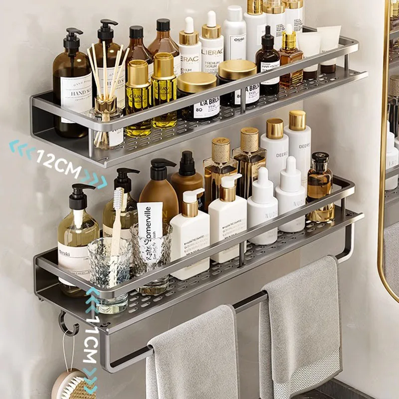 

Gun Grey Bathroom Shelf with Towel Bar Space Aluminum Corner Shelves Towel Rack with Hook Shampoo Holder Kitchen Storage Rack