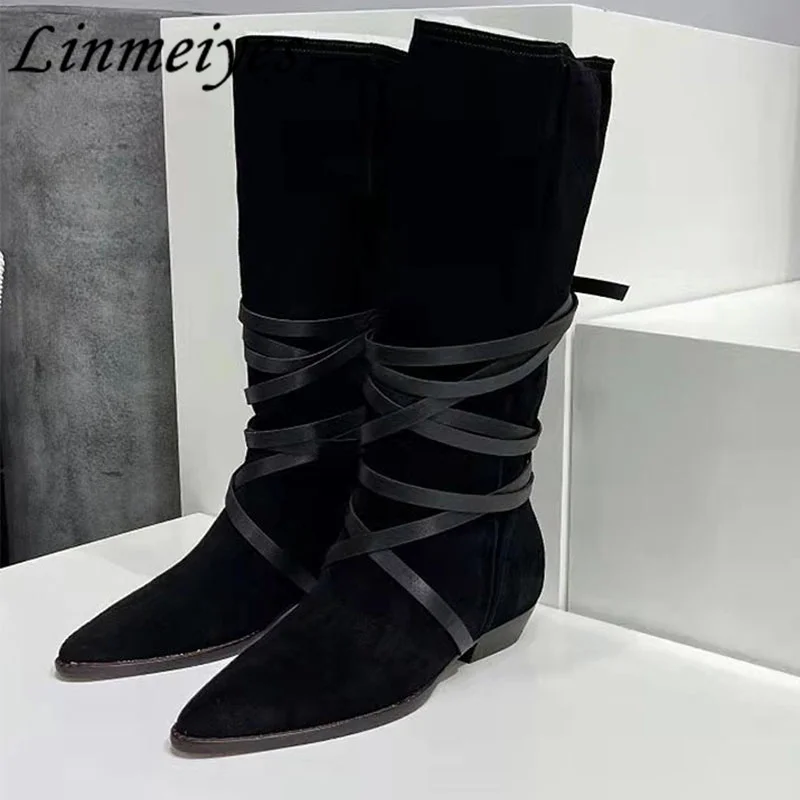 

New Cow Suede Cross-tied West Cowboy Boots Women Pointy Toe Knee-High Flat Boots Lady Concise Riding, Equestrian Boots Woman