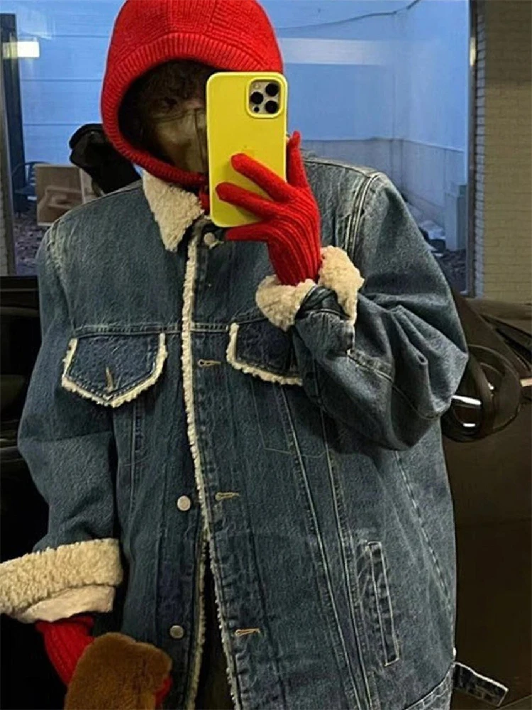 Синее толстое плюшевое джинсовое пальто с ягненком женское осенне-зимнее