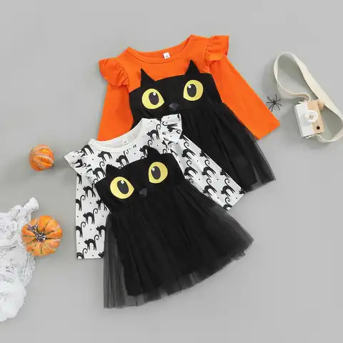 Платье для девочек с длинным рукавом и принтом кошки платье на Хэллоуин с оборками детское осеннее милое Сетчатое Тюлевое наряды до колен
