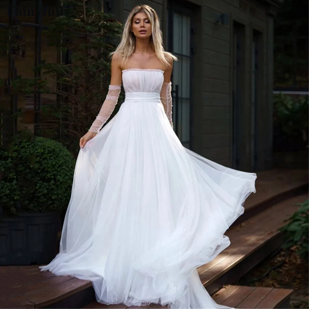 

Белое Тюлевое свадебное платье в стиле бохо Thinyfull, вечерние платья невесты со съемными длинными рукавами, без бретелек, с высоким разрезом, Пляжное свадебное платье 2022