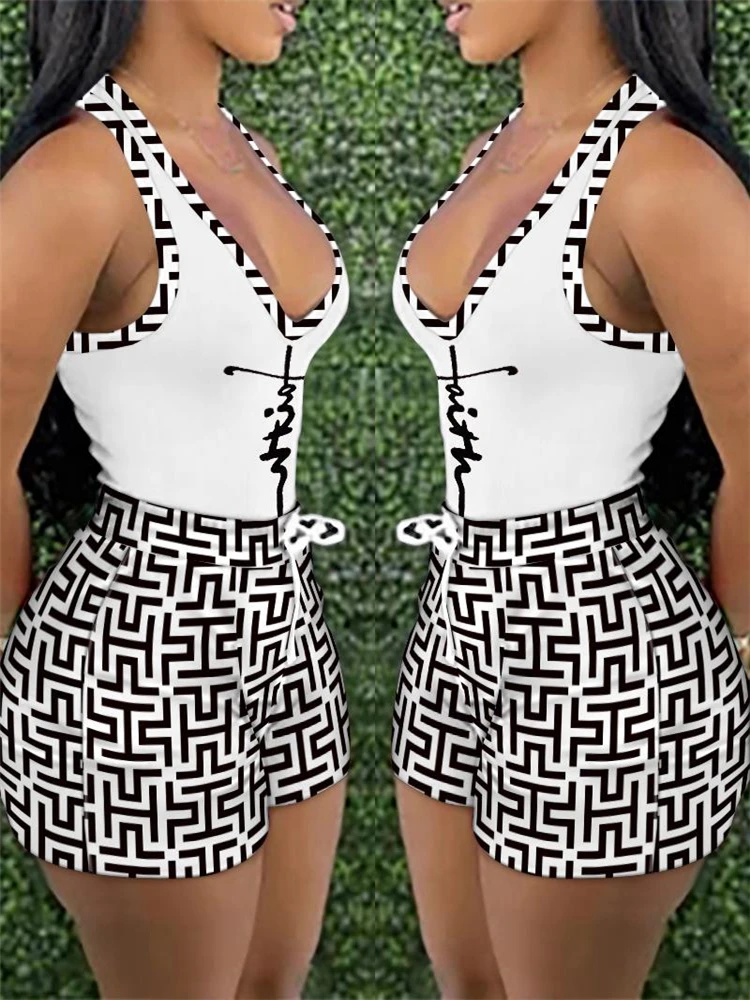 

Sets Outifits 2023 Faith Geometric Print Tank Top & Drawstring Shorts Set of Two Fashion Casual Pieces for Women Tracksuits