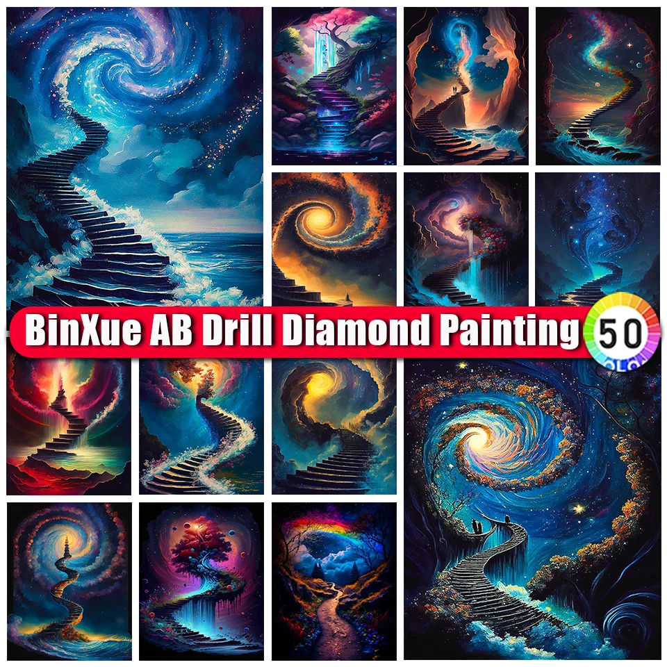 

BinXue 2023 New Scenery Starry Sky AB Diamond Painting Ladder Diamond Embroidery Aurora Trees Flowers Handmade DIY Mosaic Art