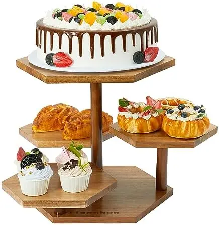 

4-Tier Cupcake Tower Stand for 50 Cupcakes, Hexagonal Wooden Cake Stand with Tiered Tray Decor, Cupcake Dessert Display for Farm