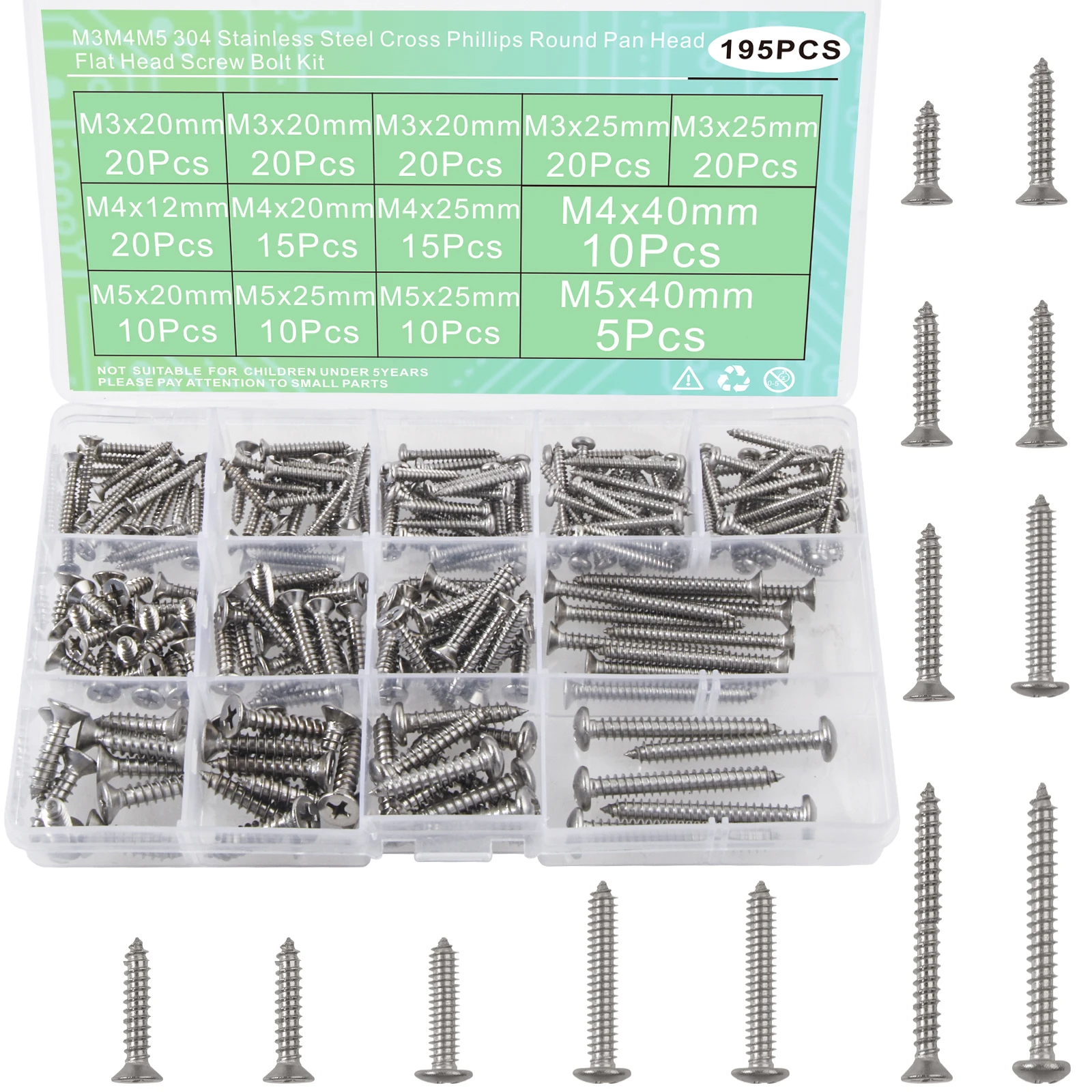 195 Шт. M3 M4 M5 304 Винты С Полукруглой Головкой И Крестообразным Шлицем Из Нержавеющей