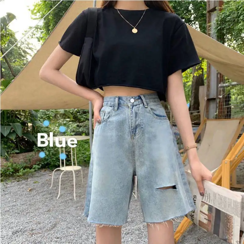 Shorts Women Denim Hole Korean Style High Waist Loose All-match Wide Leg Chic Womens Trousers Simple Fur-lined Students Hip Hop