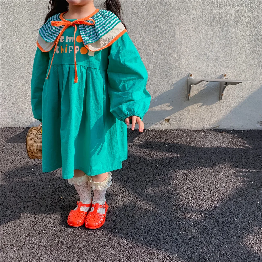 

Новинка весны 2022, детская одежда, корейское свободное зеленое платье с буквами для маленьких девочек