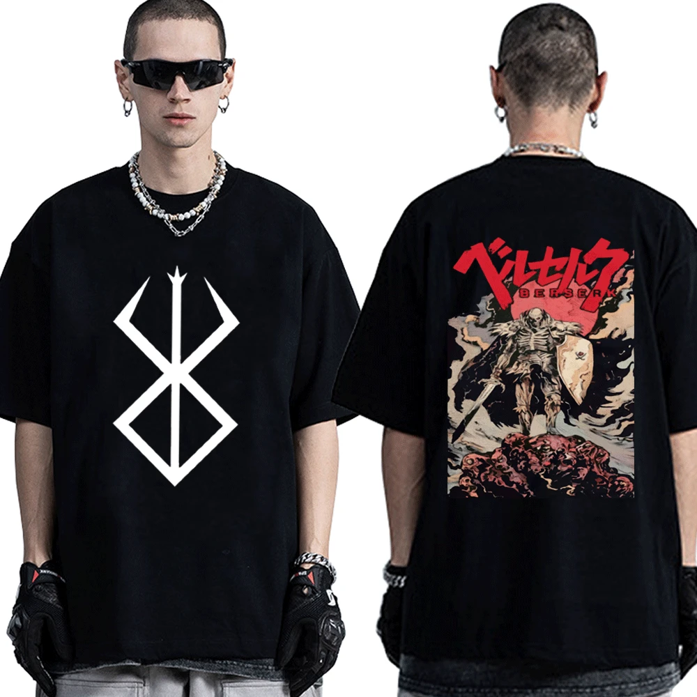 

Футболка Мужская/женская с коротким рукавом, винтажная тенниска в стиле японского аниме, с рисунком бергерка, черепа, рыцаря, уличная одежда...