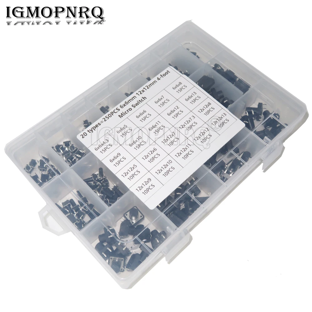 

250 шт. 20 типов 6x6 мм/12x12 мм 4-футовый микро-переключатель света сенсорный переключатель самосброс DIP-переключатели Новинка