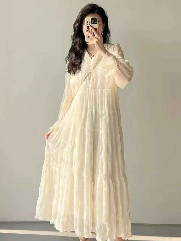 

Повседневные шифоновые платья для женщин, новинка 2023, летние модные элегантные женские длинные платья, уличная одежда с длинным рукавом, свободное винтажное платье