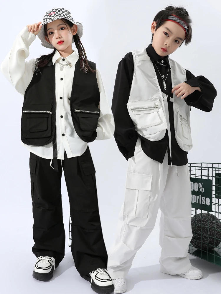 

2022 Ballroom Hip Hop Dance Clothes Kids Streetwear Cargo Vest Pants Girls Boys Jazz Concert Performance Stage Costume BL9557