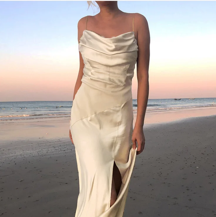 

Women Sexy Open Back White Maxi Party Dress Suspender Hollow Out High Slit Satin Dress