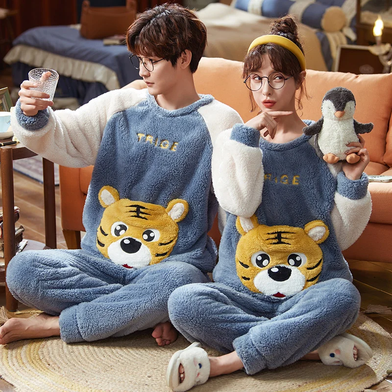 Couple Pajamas Women's New Autumn and Winter Coral Fleece Thickened Long-Sleeved Men's Flannel Large Size Cartoon Homewear Set