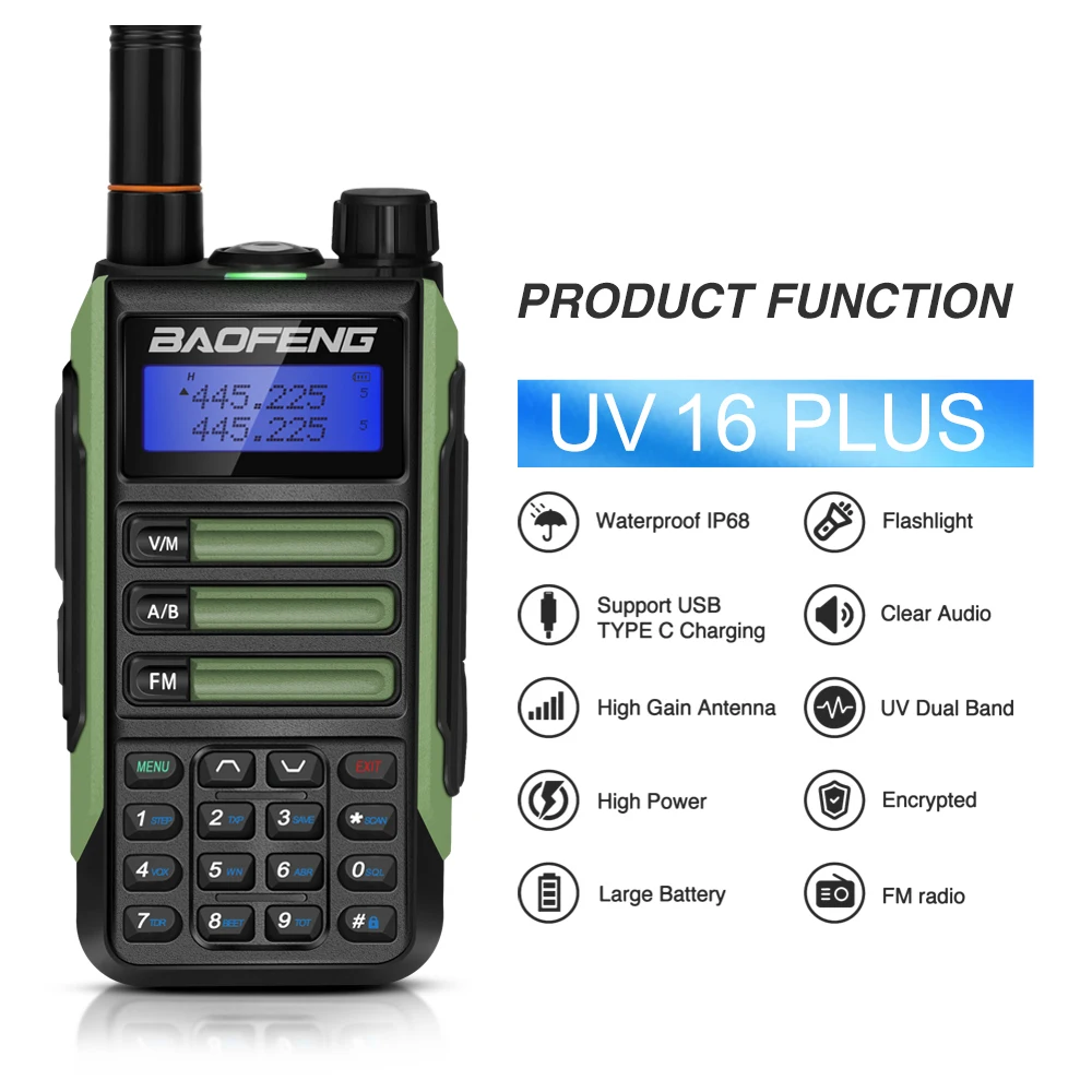 2022 BaoFeng UV-16 plus 10W High Power Antenna Walkie Talkie TYPE-C Charger Long Range Waterproof Transceiver Ham Two Way Radio