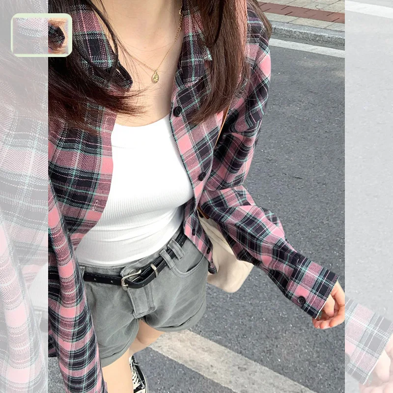 

2023 Tide Party Club Girl Vintage Pink Plaid Shirt Female Spring and Autumn Niche Design Sense Loose Lazy Wind Shirt Coat Top