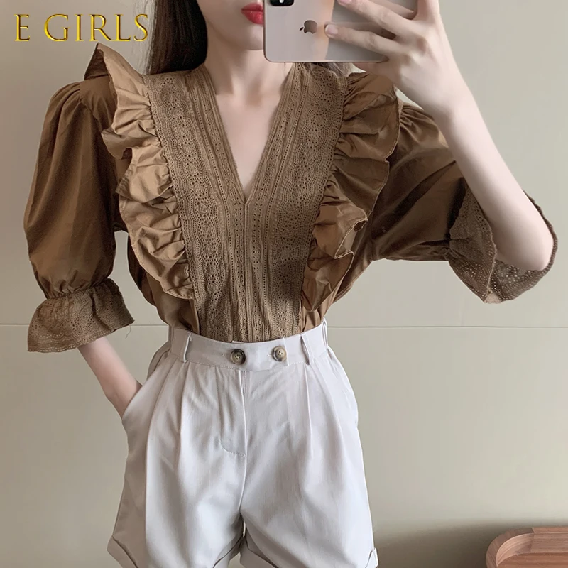 

E GIRLS Ruffles Lace Blouse women V Neck Puff Sleeve Embroidery Blouse Chic korean Vintage Tops white Brown Shirts blusas mujer