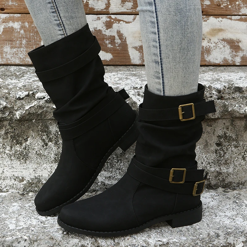 

2022 New Autumn and Winter New Zhongtong Boots Women's Round Toe Flat Bottom Ladies Large Size Chimney Boots Motorcycle Boots