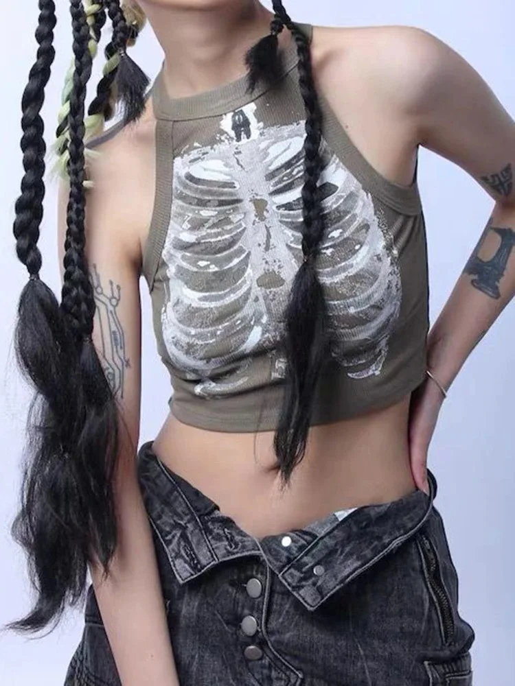 

Punk Aesthetic Cyber Retro X-Ray Skeleton Print Rib Sleeveless Vest Armygreen Crop Top Designer Clothes Women 2022 Summer Emo