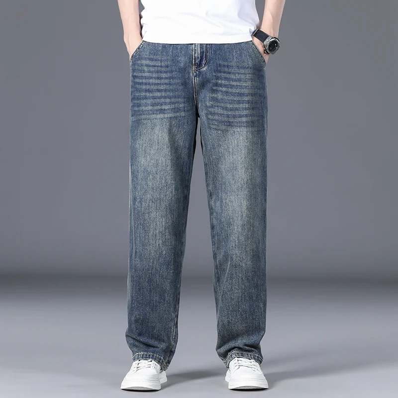 

Брендовые мужские черные мешковатые джинсы на весну и осень, уличная одежда в стиле Харадзюку, повседневные Прямые брюки, мужские свободные джинсовые брюки стандартной синего цвета