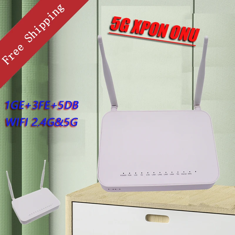 

5Pcs 5G XPON ONU 1GE+3FE+5DB WIFI 2.4G&5G Dual Band FTTH Optical Fiber ONT English Version OLT EPON GPON Without Power