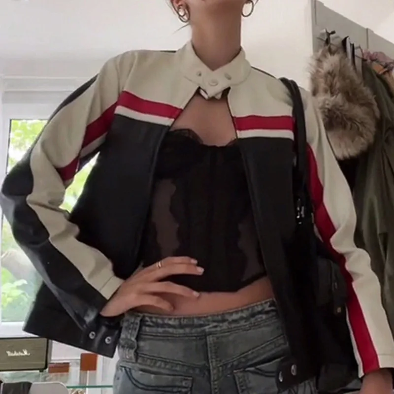 

Куртка женская из искусственной кожи, уличная одежда, модное Укороченное пальто контрастной расцветки черного и белого цветов, Повседневна...