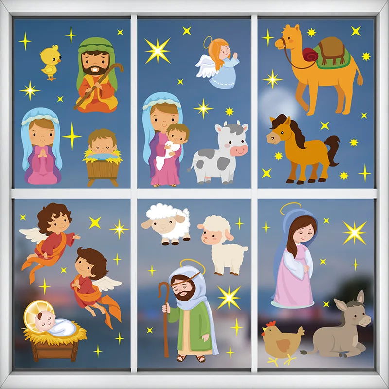 

9 Sheets Christmas Window Clings Colorful Nativity Scene Decals Removable Xmas Window Stickers for 2023 Navidad Party DIY Decor