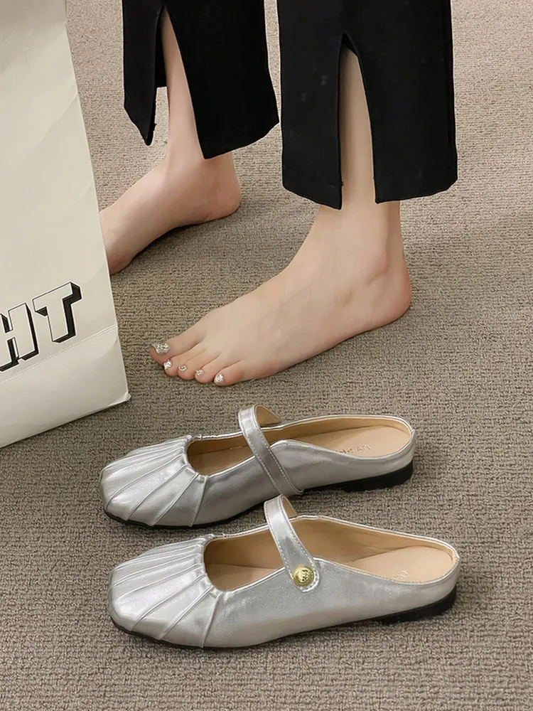 

Shoes Woman 2023 Female Mule Slippers Flat Pantofle Low Luxury Slides Cover Toe Mules New Designer Autumn Rome Fabric PU Basic