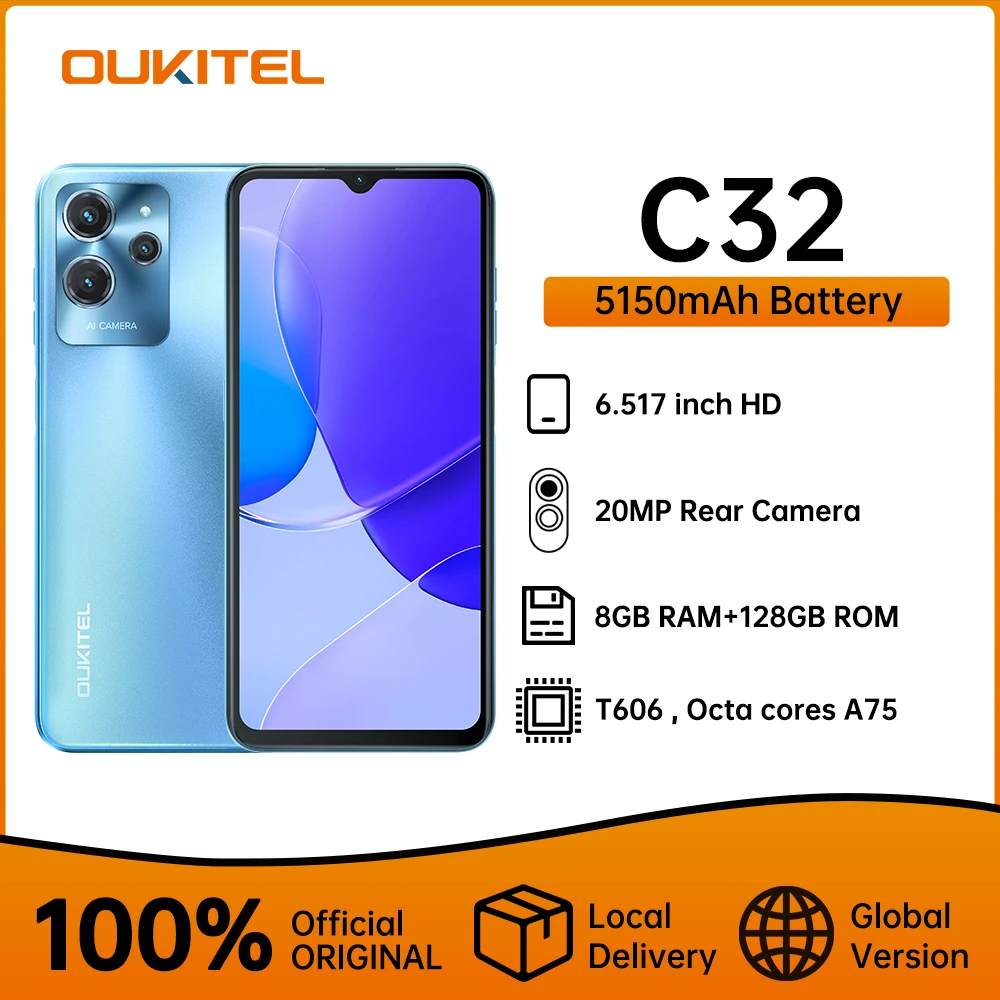 Oukitel C32 6.517" Smartphone Android 12 5150mAh Cell Phone 8GB RAM 128GB ROM 4G Mobile Octa cores Phone 20MP Rear Camera
