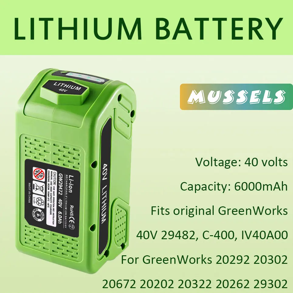 

6000mAh G-MAX 40V Li-Ion Replacement Battery for GreenWorks 20292 20302 20672 20202 20322 Rechargeable Battery