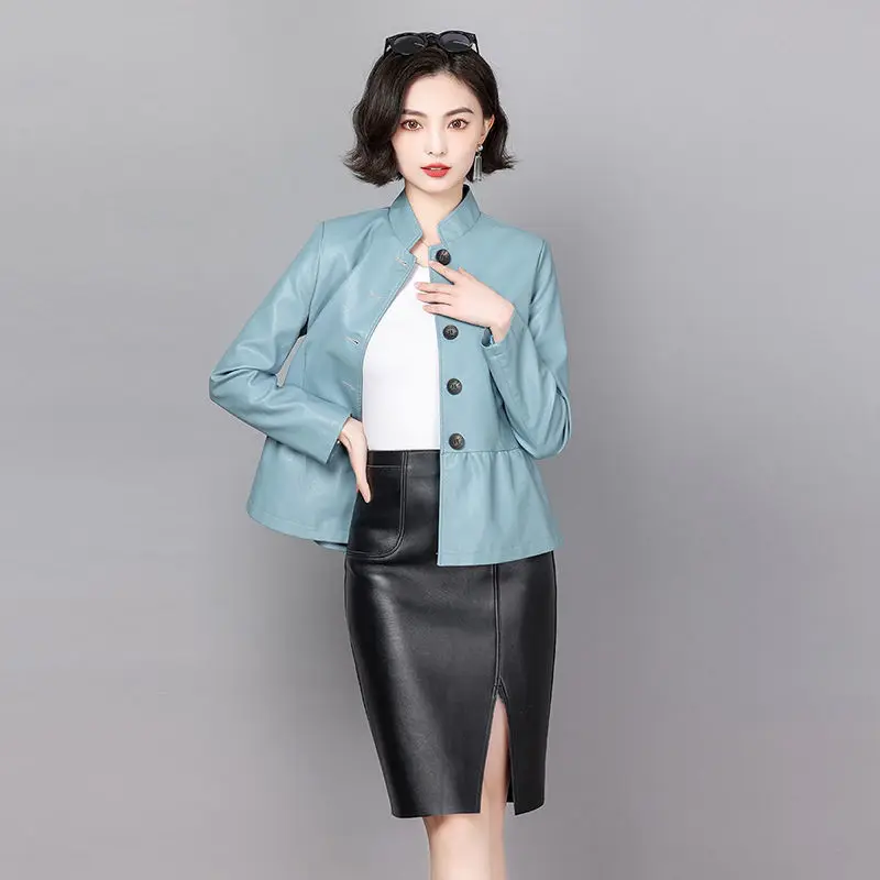 New Korean Fashion Leather Jacket Women's Spring Autumn Leather Lady PU Leather Jacket Trench Top Clothing Coat L35