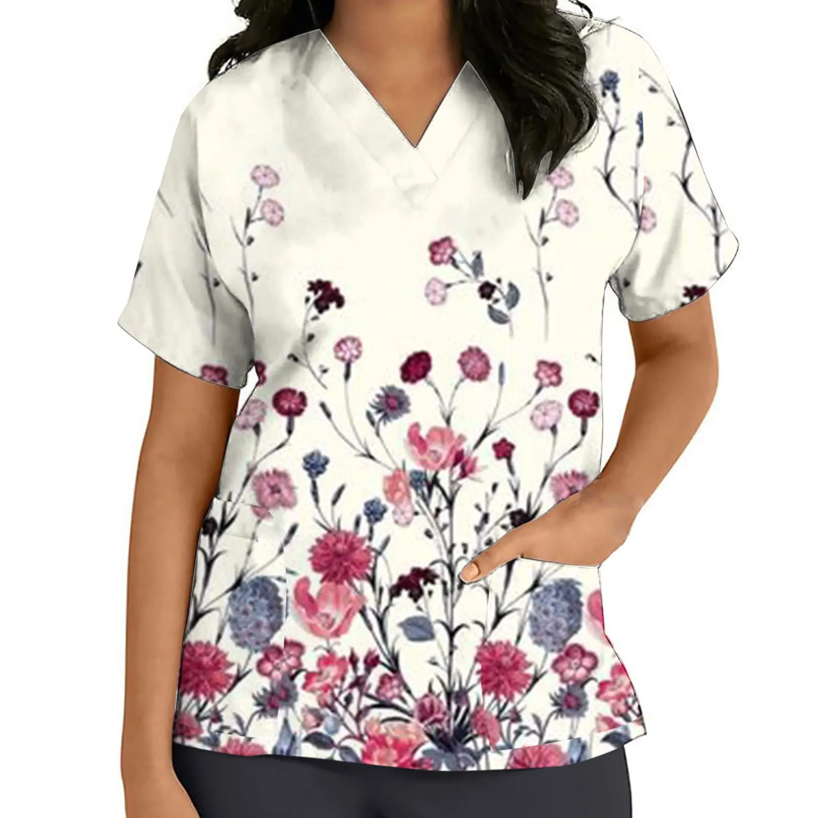 

Loose Fit Tops For Women Summer Short Sleeve Tops Casual Flower Print Workwear V Neck Pockets Workwear
