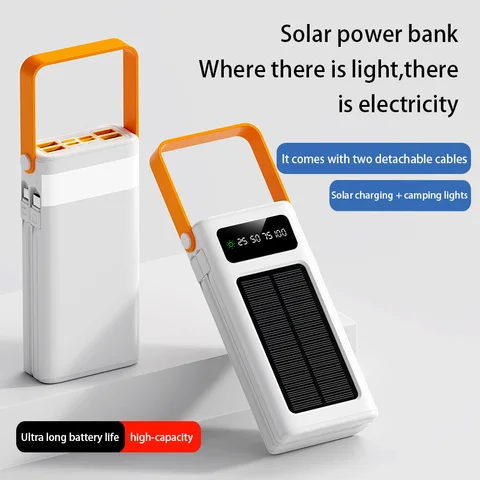 200000 mAh Solar Power Bank Встроенные кабели высокой емкости Внешний аккумулятор со светодиодной подсветкой Power Bank для iPhone Samsung Xiaomi 2025