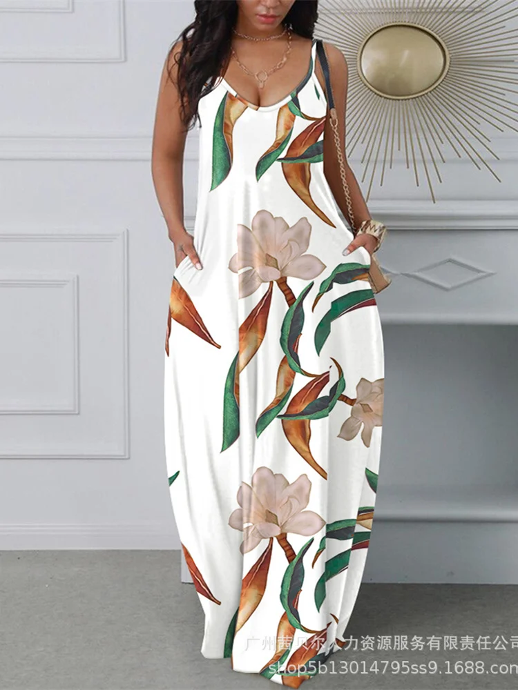 

Mandylandy женское элегантное Летнее Длинное свободное платье с богемным принтом модное женское Повседневное платье макси без рукавов с V-образ...