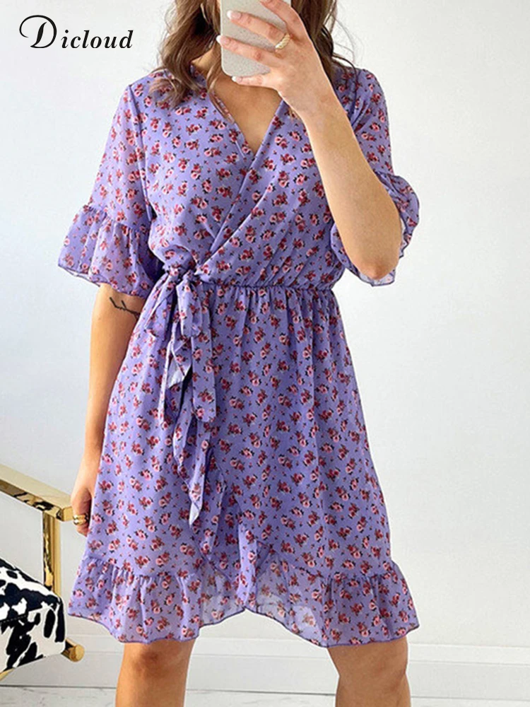 

DICLOUD Purple Floral Print Short Sleeve Ruffle Dresses Women Summer A-Line Elastic Waist Mini Warp Dress Daily Ladies Clothing