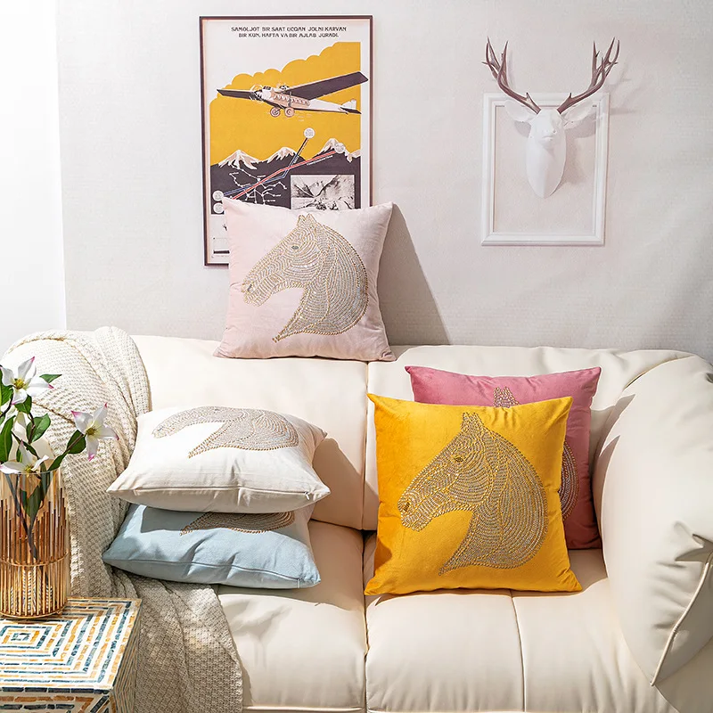 High Quality Rhinestone Velvet Cushion Cover 45x45/50x50cm Decorative Pillow Living Room Soft Luxury Horse Case |