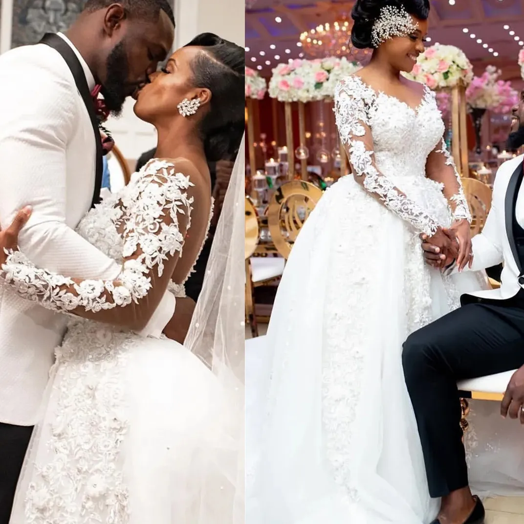 

JEHETH Elegant A-Line Wedding Dresses For Women Long Lace Sleeves With Appliques Bridal Gown Illusion Tulle vestidos de novia