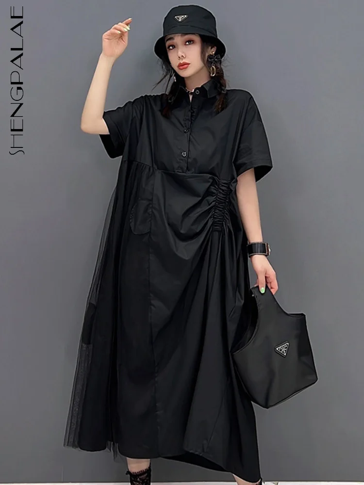 

SHENGPAIAE 2022 летнее женское Новое модное платье черного цвета с отложным воротником и четырьмя пуговицами, с коротким рукавом, свободное платье...