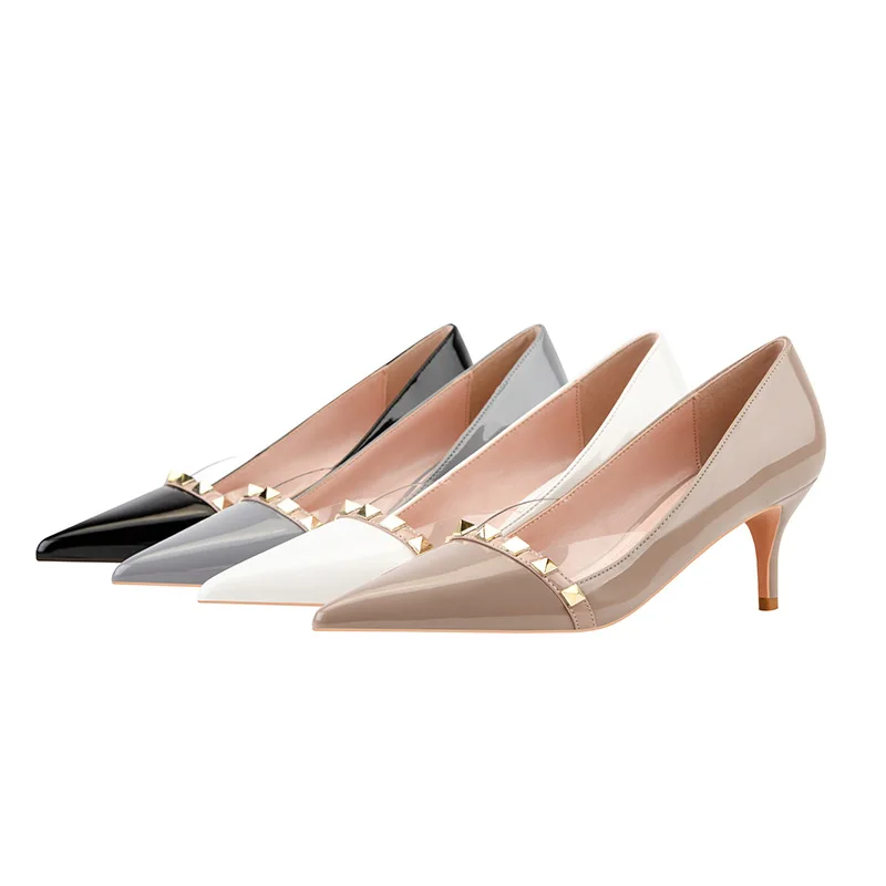 Women Sexy Elegant Heels Slimming Transparent High Heels Stiletto Patent Leather Sandals Low-Cut Pointed-Toe Metal Rivet Shoes