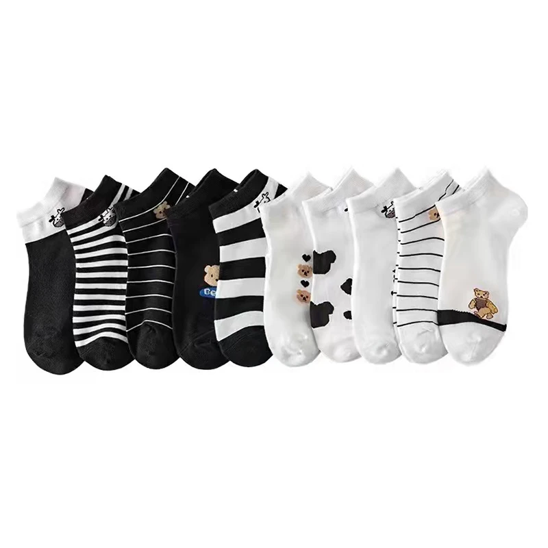 10 Pair Cow Print Low Tube Socks Women Summer Short Cartoon Bear Cotton Ankle Sock Cute Asakuchi Breathable Girl Foot Sokken Set